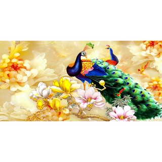Tranh dán tường  VTC 3D Phong thủy Đôi chim công hoa mẫu đơn UD0032 kim sa