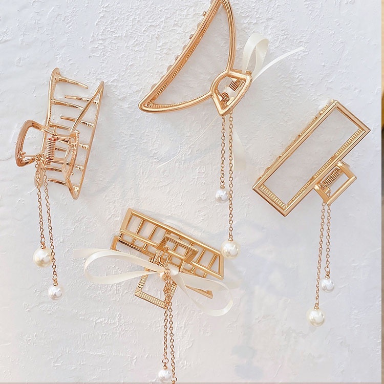 Kẹp Tóc Kim Loại Hình Nơ Đính Hạt Giả Ngọc Trai