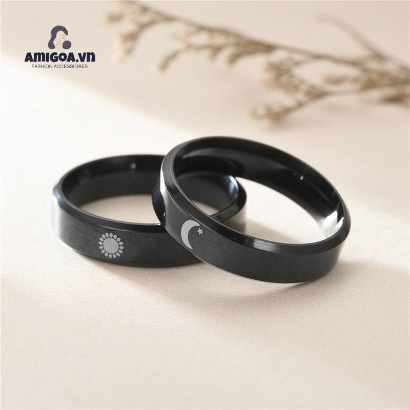 ✨✨ Nhẫn Thép Không Gỉ Màu Đen Họa Tiết Mặt Trăng / Mặt Trời Thời Trang Cho Cặp Đôi