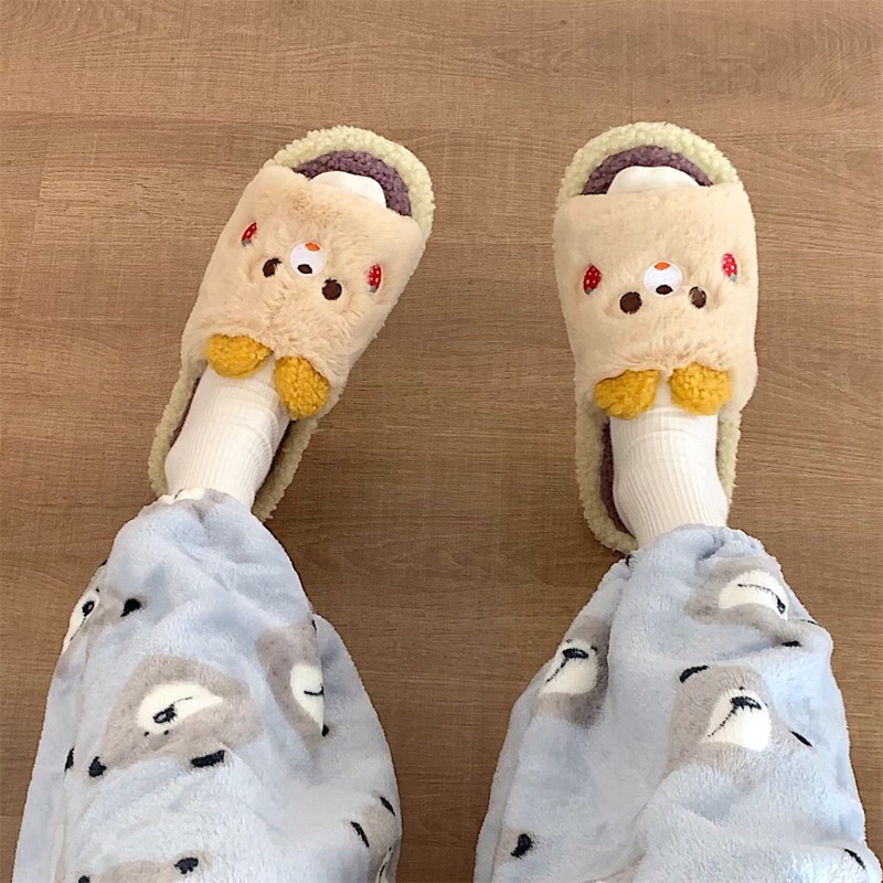 Dép bông hình thú hình gấu có tai đi trong nhà xinh xắn dễ thương