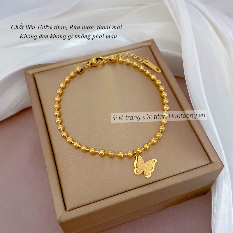 Vòng tay titan không gỉ mạ vàng 18k thiết kế bi tròn mặt hình bướm xinh xắn dành cho nữ
