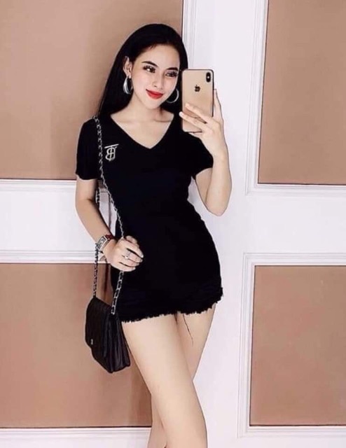 Áo thun nữ cổ tim TB siêu đẹp kèm ảnh thật cận chất
