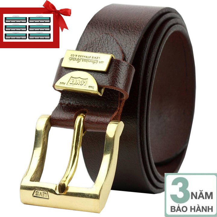 Bảo hành 3 năm -Thắt lưng nam da bò đầu khóa đồng nguyên khối tặng kèm 6 lưỡi dao cạo râu kép trị giá 60.000 đ