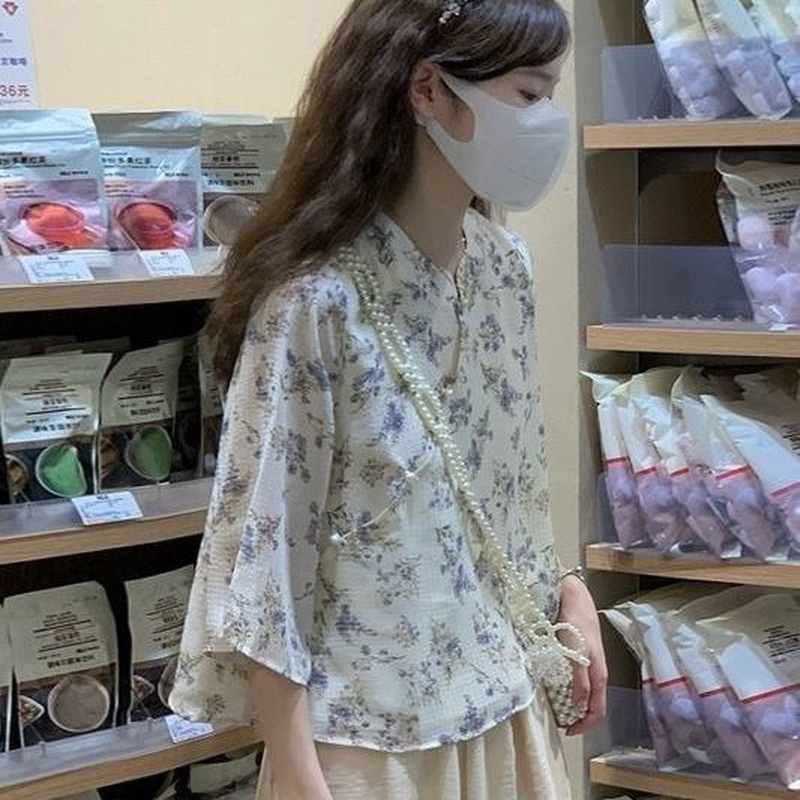 Áo Sơ Mi Tay Lỡ Họa Tiết Hoa Phong Cách Trung Hoa Thời Trang Mùa Hè Xinh Xắn Cho Nữ