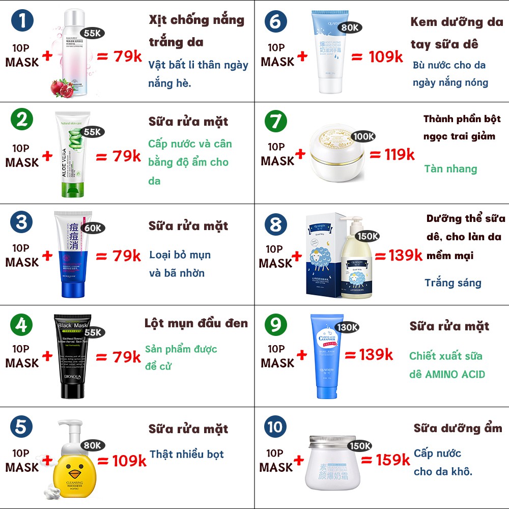 Mặt nạ nội địa Trung cao cấp, combo 10 mask giấy bù nước, cấp ẩm, giảm mụn, làm sáng da