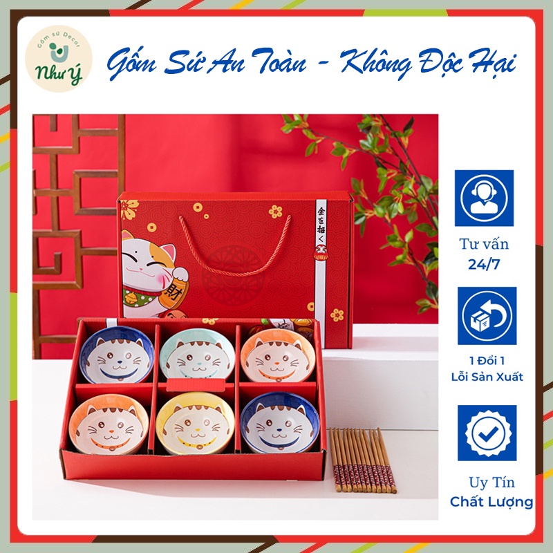 Bộ 6 BÁT SỨ, CHÉN ĂN CƠM chịu nhiệt, tặng kèm 6 đôi đũa gỗ hình mèo dễ thương