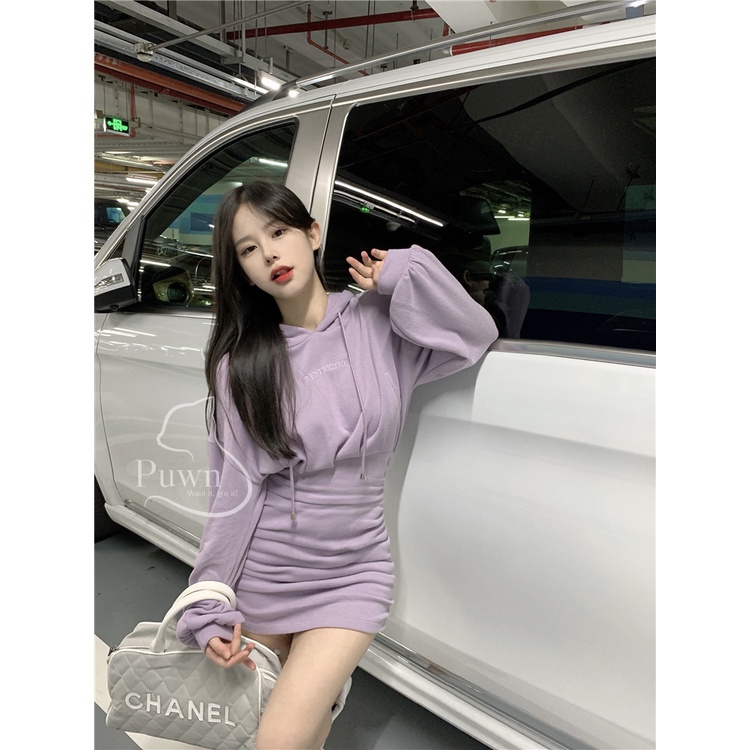 Váy Hodies mũ tai mèo, bó eo rút 2 bên màu tím dễ thương năng động Puwn Shop