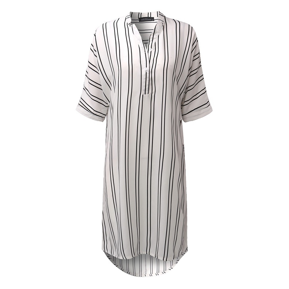 Đầm nữ ngắn tay cổ tròn sọc vằn thời trang | BigBuy360 - bigbuy360.vn