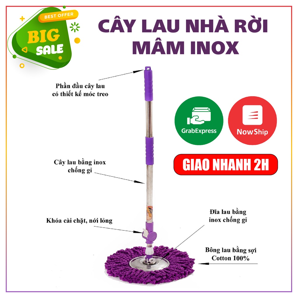 [ Mâm INOX ] Cây chổi lau nhà mâm rời Xoay 360 độ, cây dài Kingmart68