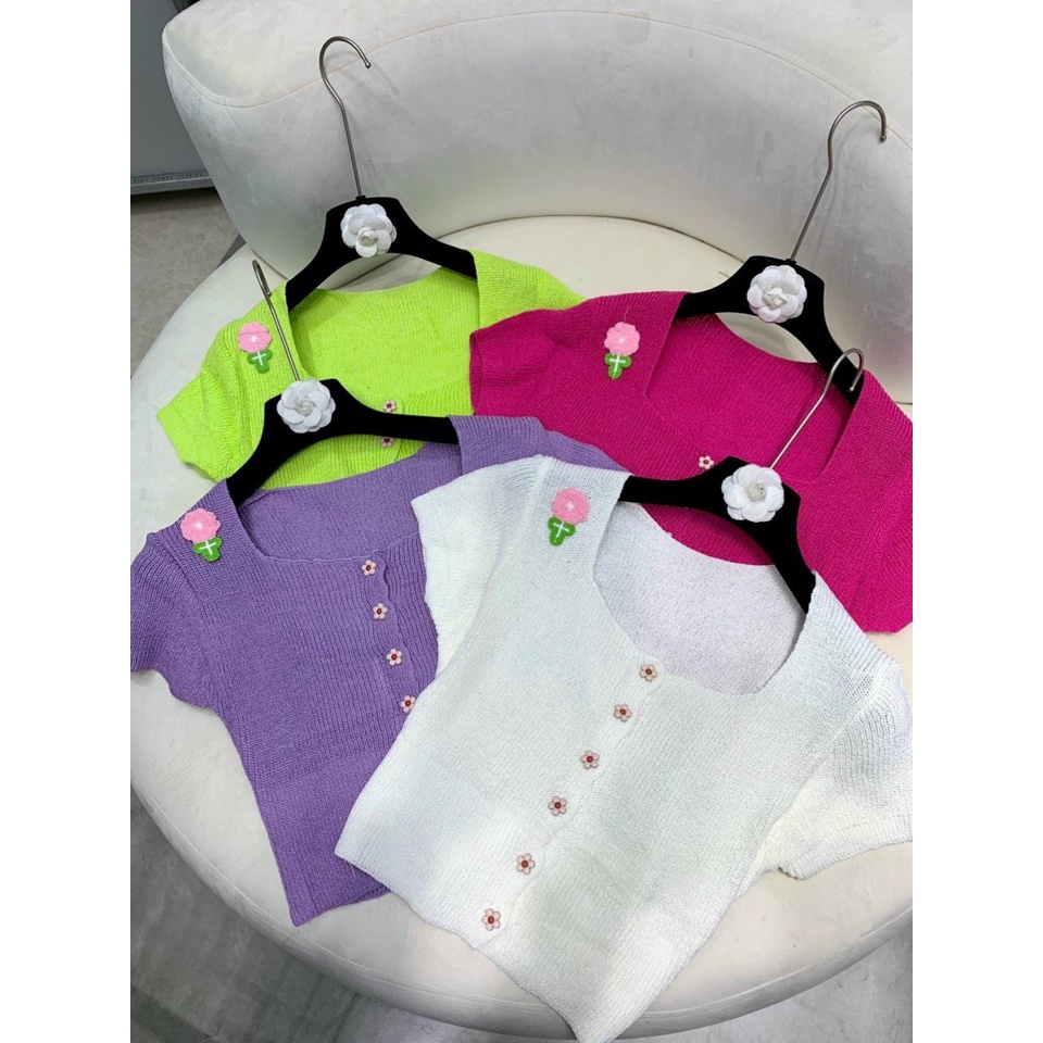 Áo len mỏng croptop khuy hoa hàng QC