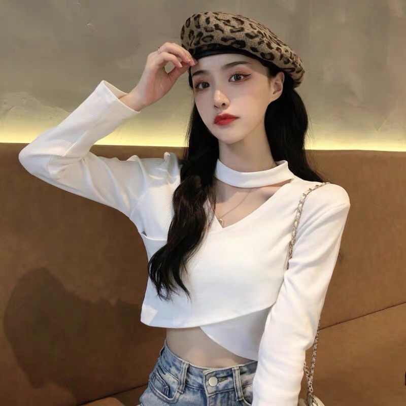 Áo kiểu croptop tay dài cổ lọ phối đan chéo cá tính gợi cảm cho nữ