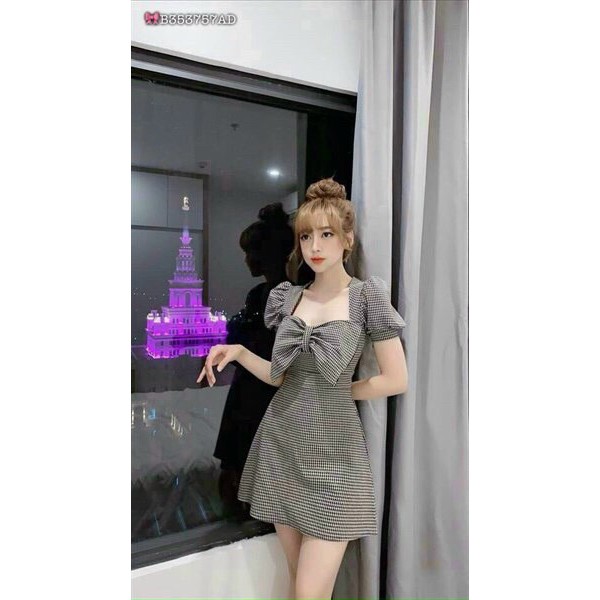 Váy đầm nữ tay búp nơ to trước ngực tiểu thư