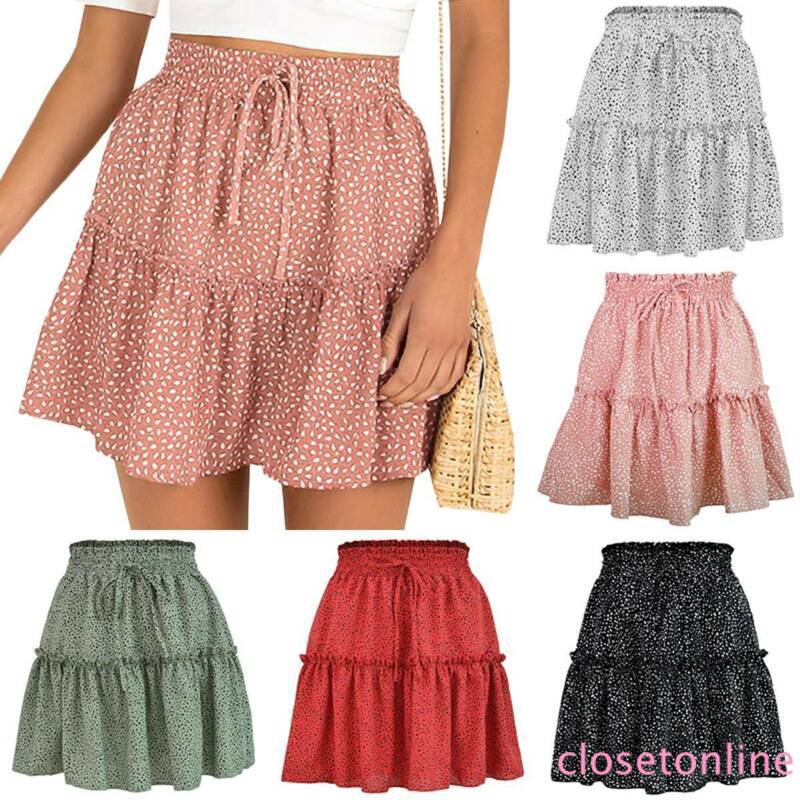 Sale Polka Dot Mini Skirts for Women Elastic Waist Pleated Beach Holiday CL