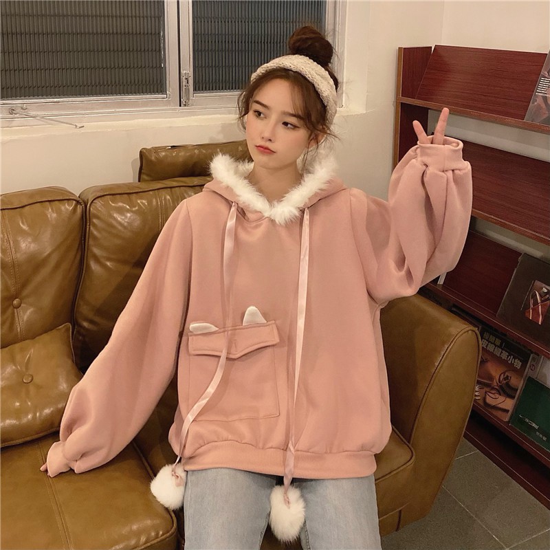 #O41 Áo khoác nỉ dày mũ lông tai thỏ cực ấm có túi 1 bên cực xinh cute