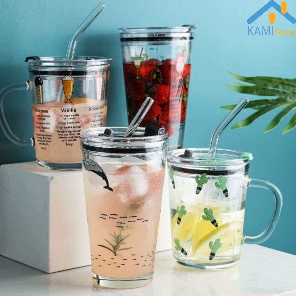 Ly thủy tinh chịu nhiệt nóng lạnh có Nắp và Ống hút  KM22013.22024