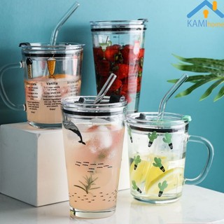 Ly thủy tinh chịu nhiệt nóng lạnh Nắp giữ cách nhiệt kèm Ống hút 400ml Kami22013.22024