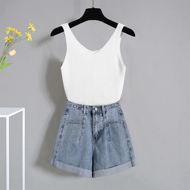 [ORDER TMALL 194 ] SET 3 Món Áo Choàng Voan Chấm Bi + Áo 3 Lỗ Gân Tăm + Quần Short Denim