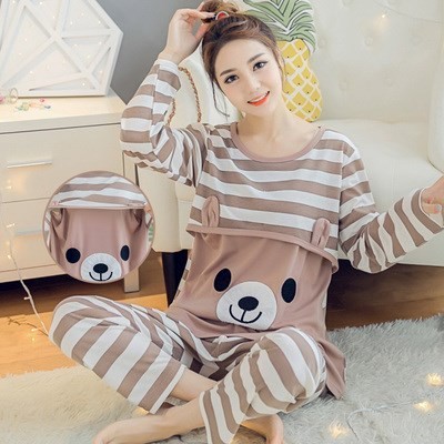 Đồ bộ bầu và sau sinh cho con bú dài tay gấu nâu có bigsize 80kg - BND223