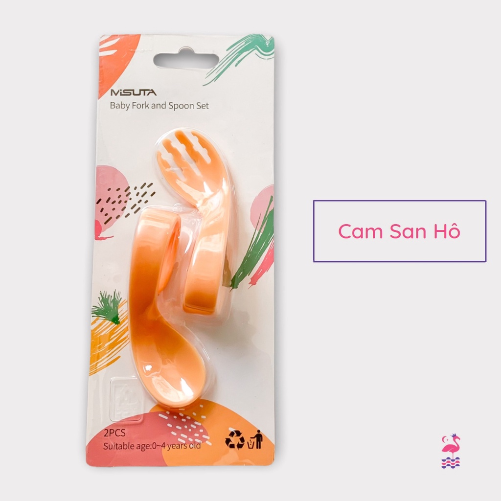 Bộ Thìa Dĩa - Muỗng Ăn Dặm Misuta Tay Cầm Uốn Cong Giúp Bé Tập Xúc Dễ Dàng Chất Liệu Nhựa PP5 Cao Cấp Ấm Gift Decor