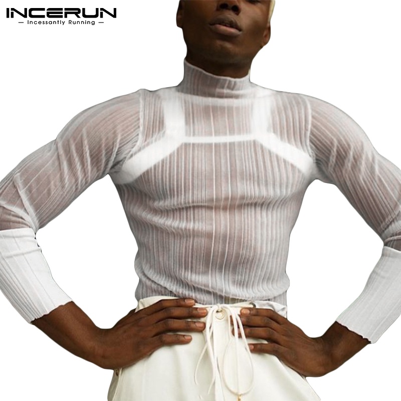Áo thun INCERUN cổ lọ tay dài xuyên thấu thời trang nam tính