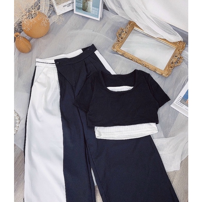 SÉT 3 MÓN QUẦN DUÔNG DÀI + ÁO CROP KIỂU