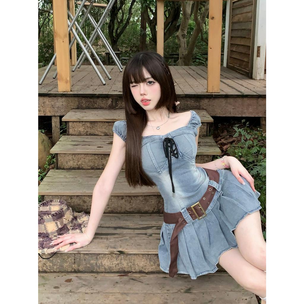 qkoole  Đầm denim Hai Dây Ôm Dáng Phong Cách Hàn Quốc Cổ Điển Dành Cho Nữ