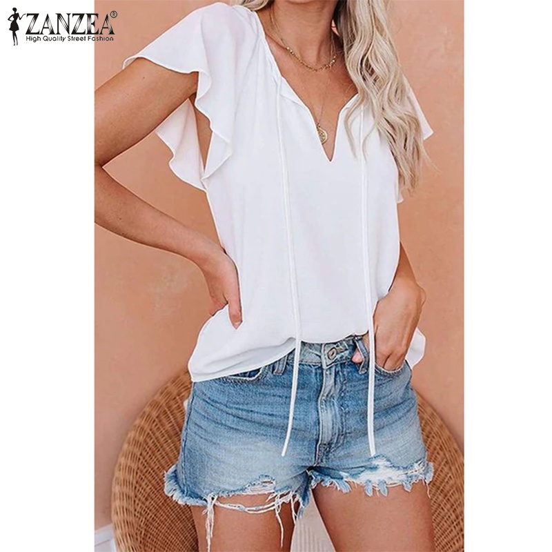 Zanzea Áo Kiểu Cổ Chữ V Tay Nhún Bèo Thời Trang Cho Nữ