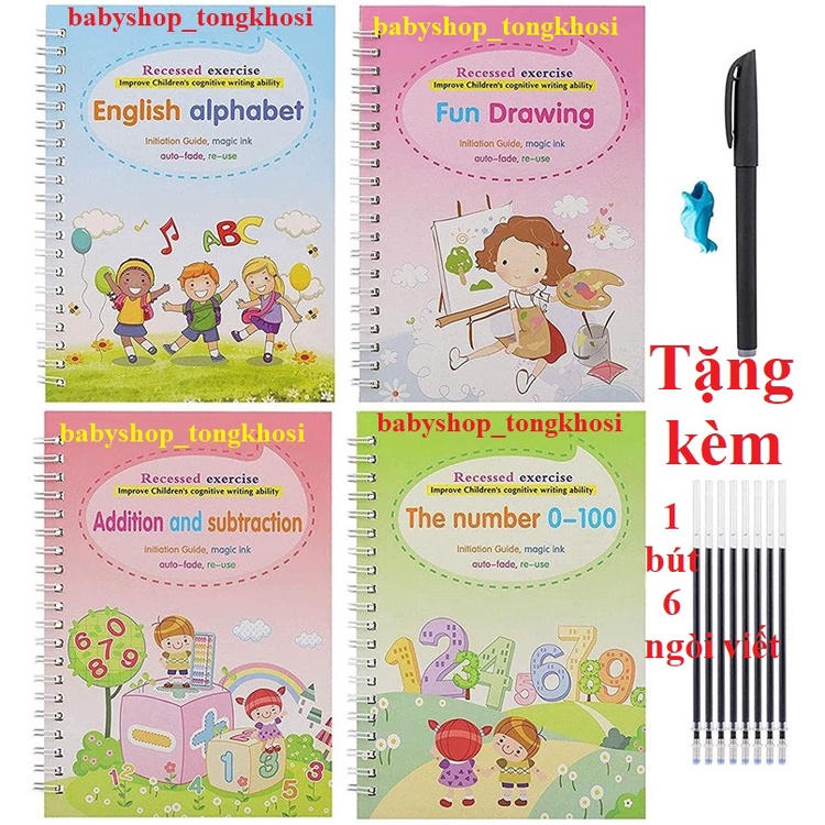 (Tặng 1 bút+6 ngòi viết)Set 4 quyển tập tô bay màu mực luyện chữ với 4 chủ đề khác nhau cho bé thông mình ham học hỏi