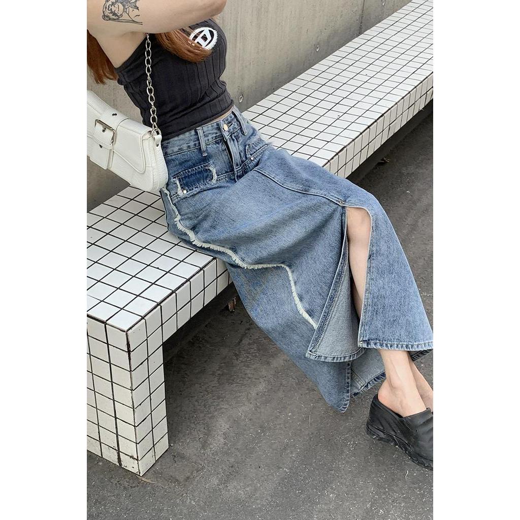 63541 Váy Denim Xẻ Tà Cổ Điển Mùa Hè