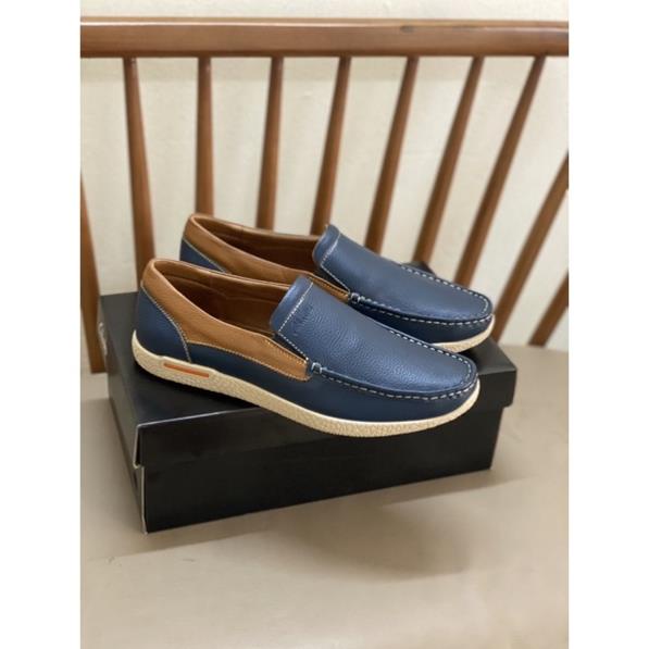 Giày lười da bò Clarks màu xanh navy đế khâu KEV