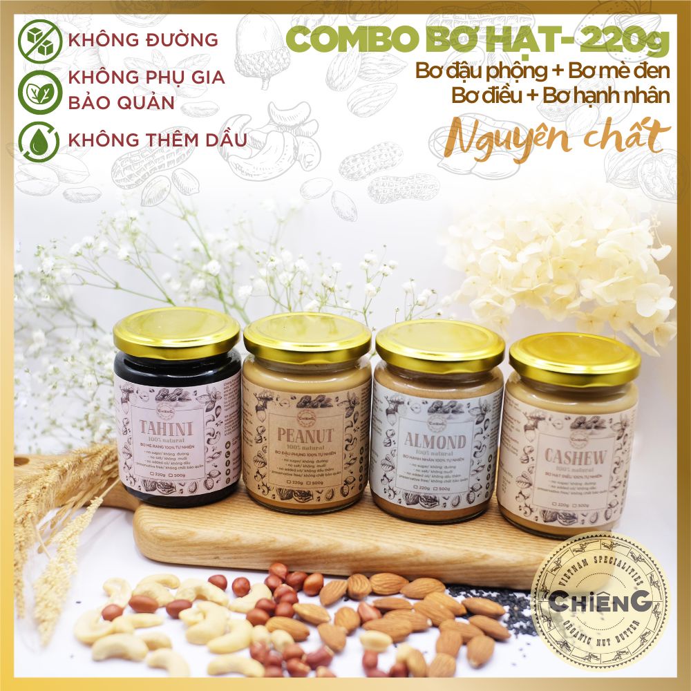 Combo 4 - 1 Bơ đậu phộng + 1 Bơ mè + 1 Bơ hạt điều + 1 Bơ hạnh nhân - Bơ hạt không đường, Bơ hạt ăn kiêng- 220g/550g