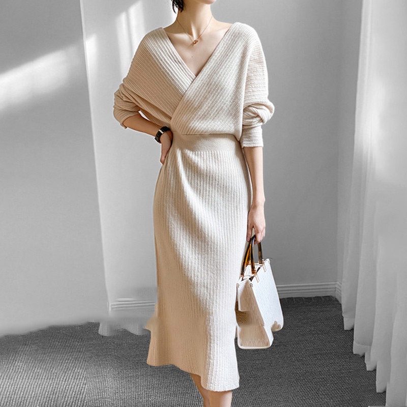 Đầm sweater Dệt Kim Cổ Chéo Phong Cách Pháp Thời Trang Thu Đông Mới 2022