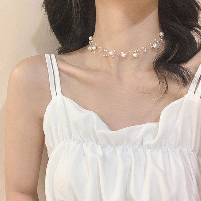 Vòng Cổ Choker Dây Trong Suốt Đính Hạt Ngọc Trai Đơn Giản Thời Trang
