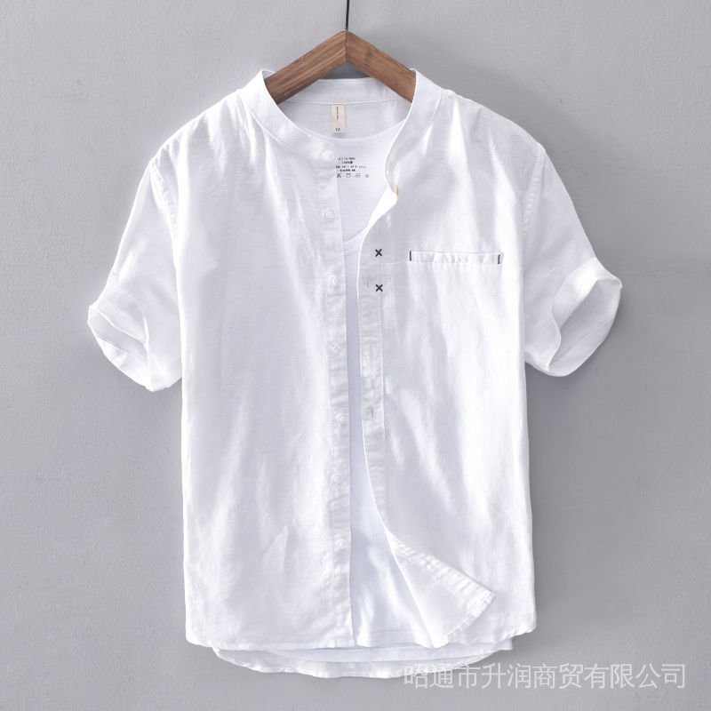 Áo Sơ Mi Cotton Lanh Tay Ngắn Cổ Đứng Thời Trang Mùa Hè Cho Nam