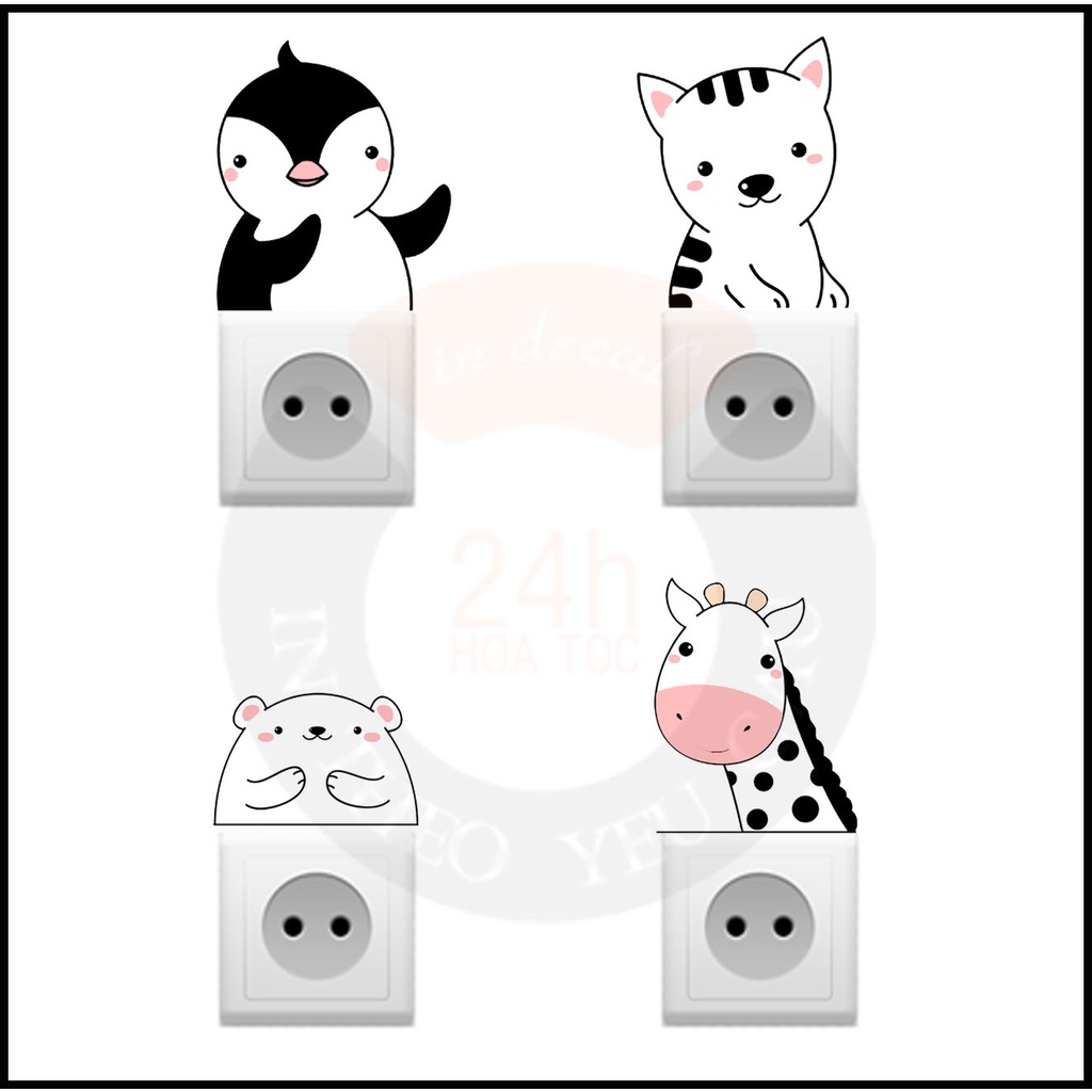 Bộ 4 hình dán trang trí ổ điện 4 CON THÚ XINH