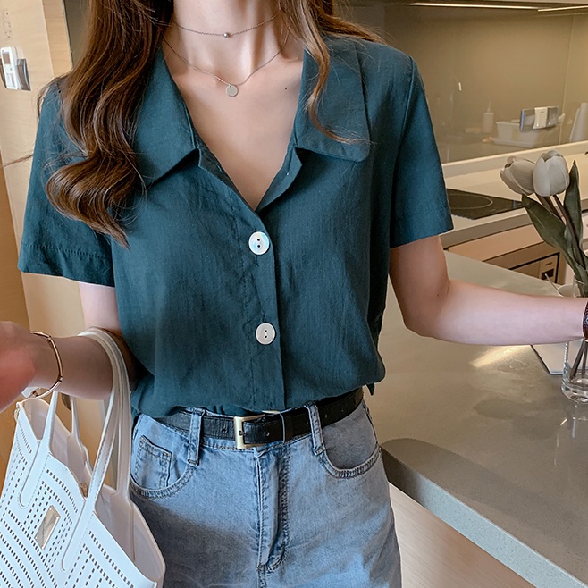 Áo sơ mi ngắn tay màu trơn phong cách cổ điển thời trang công sở cho nữ