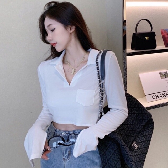 Áo Croptop Dài Tay cổ bẻ, Áo polo cổ V chất bozip co dãn trơn 2 màu đen, trắng- PENNY V264