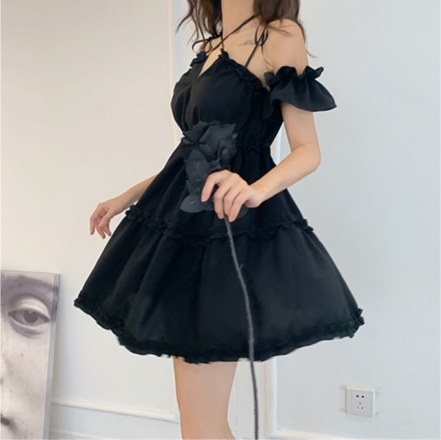 Váy ulzzang trễ vai hở vai đen sexy / Đầm trẽ vai đen
