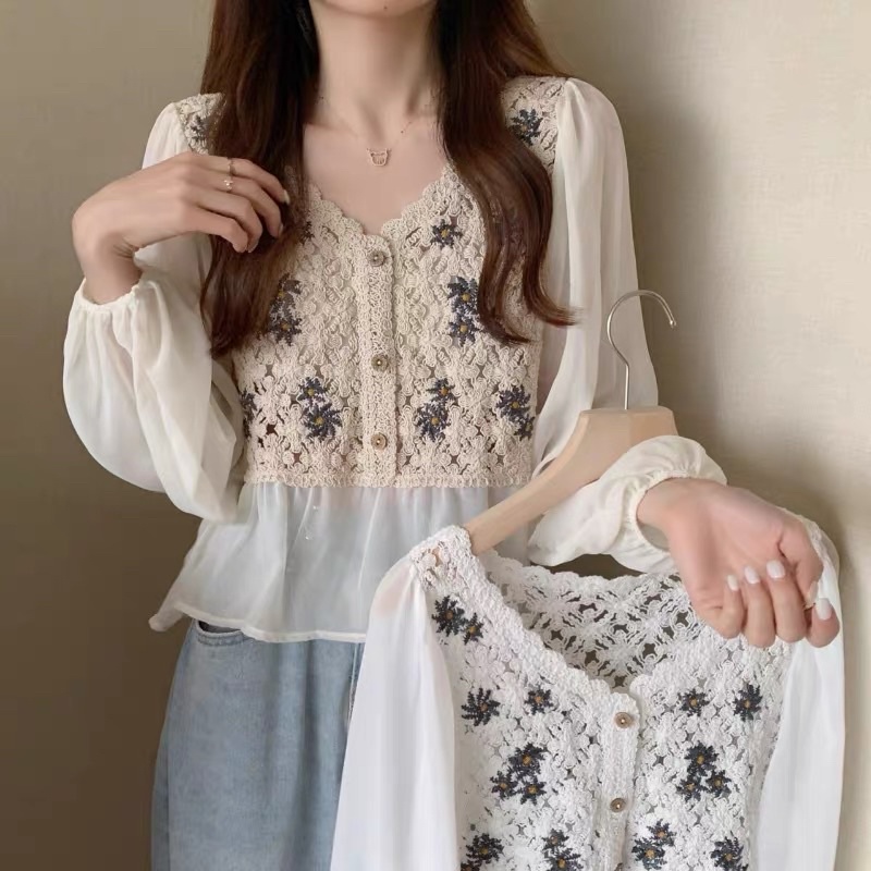 Áo móc len dập lỗ phối tay dài chiffon phong cách thời trang Pháp tươi trẻ (có ảnh thật ở cuối)
