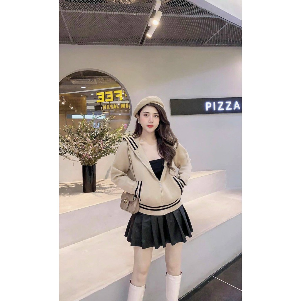 Áo khoác dạ phối viền có nón kéo khóa tay dài siêu hot hit