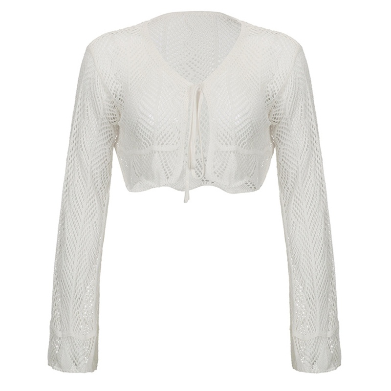 Áo Croptop Dệt Kim Tay Loe Cột Dây Phía Trước Quyến Rũ Cho Nữ