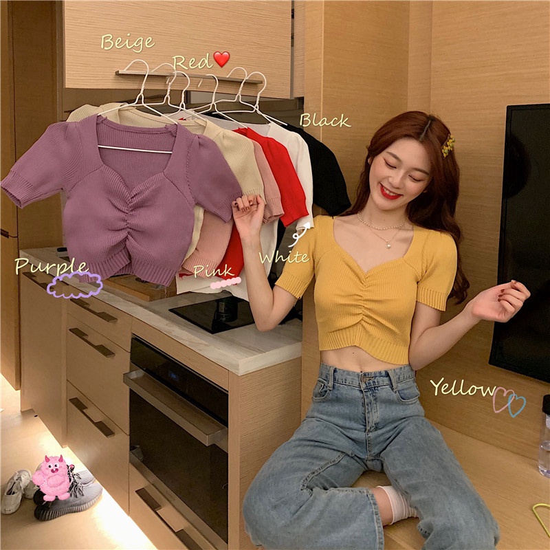 Porozi  Áo croptop  dệt kim tay phồng cổ chữ V thời trang Hàn Quốc dành cho nữ