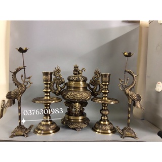 Bộ đỉnh thờ lư thờ tam sự ngũ sự bằng đồng đỉnh hạc nến cao 40cm bằng đồng màu giả cổ