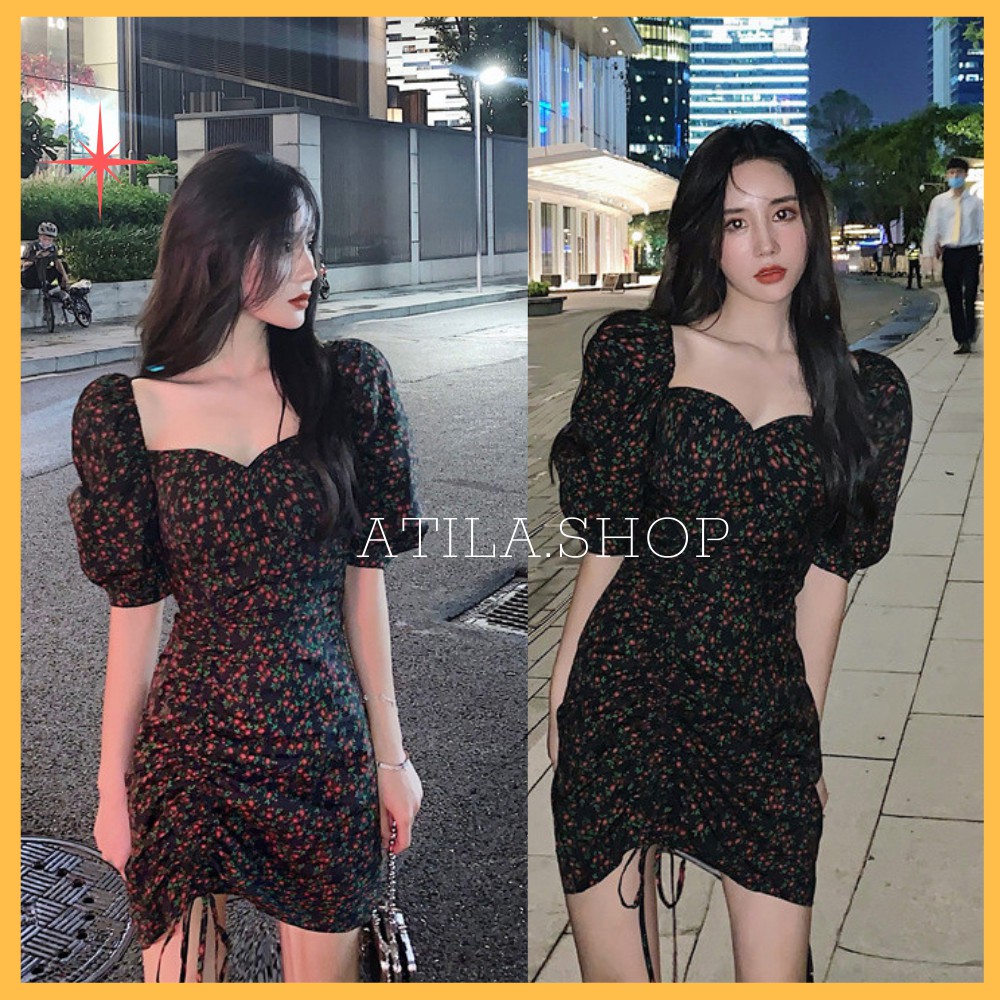 Đầm nữ , đầm hoa tay phồng cổ vuông phối dây rút thời trang Vintage dành cho nữ ATILA SHOP