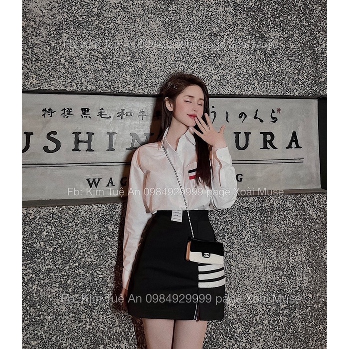 Sét sơ mi Thome dài tay mix chân váy chữ A xẻ vạt có lót quần