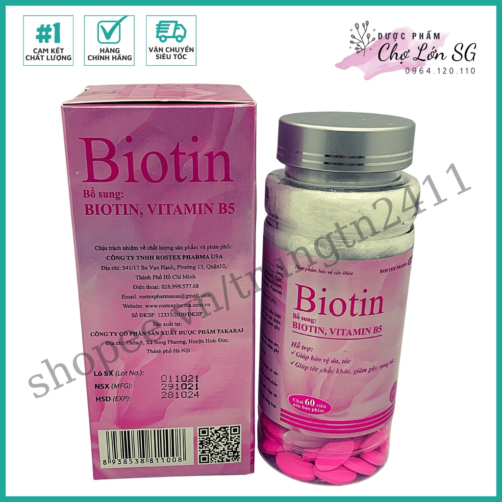 Viên uống bổ sung Biotin giảm rụng tóc, bảo vệ da, chắc móng – chai 60 viên