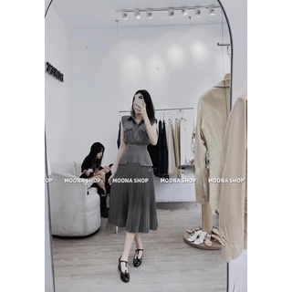 Set áo nắp túi chân váy dài ( kèm ảnh shop chụp thật )