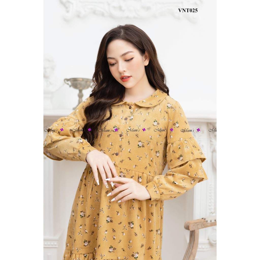ĐẦM BẦU  FREESHIP  Váy chất nhung tăm vàng hoa nhí