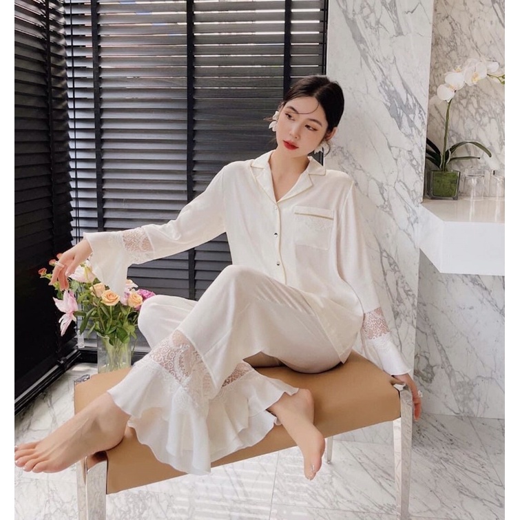Pijama dài dài trơn trắng lụa satin cao cấp quảng châu