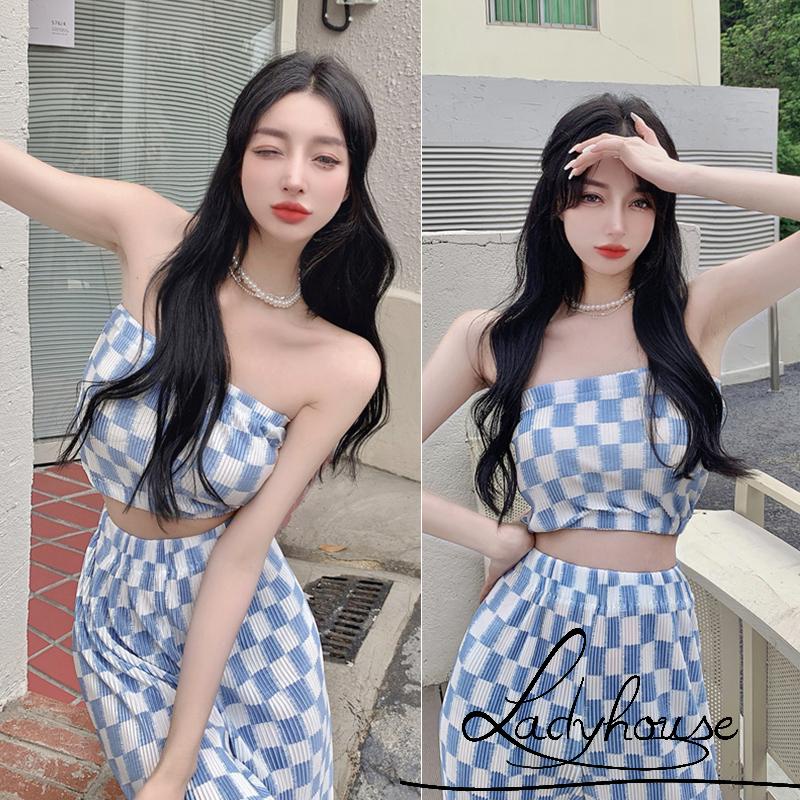 LDD-Women 2PCS Outfits, Check Pattern Sleeveless Tube Tops, High Waist Long Wide Leg Pants